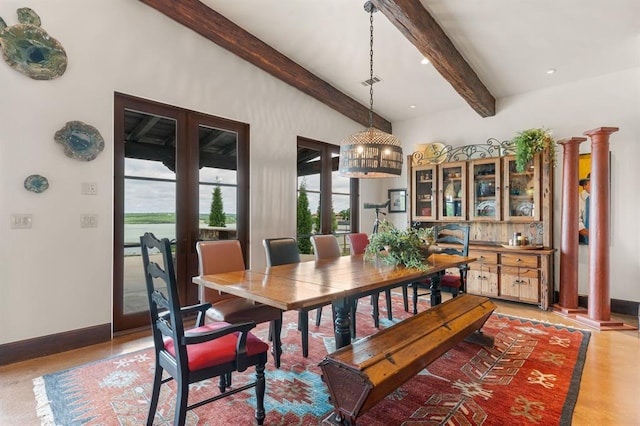 9639 Horizon Cir, Sperry, OK 74073 - dining space featuring ornate columns, visible vents, a chandelier, beamed ceiling, and baseboards