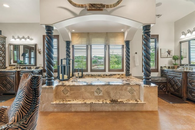 9639 Horizon Cir, Sperry, OK 74073 - full bathroom with recessed lighting, finished concrete flooring, a bath, decorative columns, and vanity