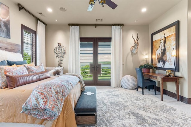 9639 Horizon Cir, Sperry, OK 74073 - bedroom featuring access to outside, french doors, visible vents, and carpet