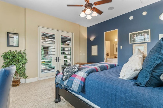 9639 Horizon Cir, Sperry, OK 74073 - carpeted bedroom featuring french doors, baseboards, ceiling fan, ensuite bath, and access to outside