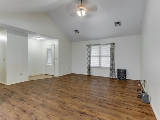 20140 N Rolling Meadows Dr, Luther, OK 73054 - unfurnished living room featuring a ceiling fan, lofted ceiling, wood finished floors, and baseboards