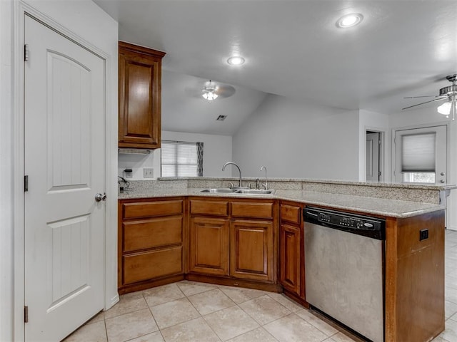 20140 N Rolling Meadows Dr, Luther, OK 73054 - kitchen featuring stainless steel dishwasher, a ceiling fan, a sink, brown cabinetry, and light tile patterned flooring