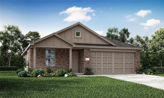 ranch-style house featuring an attached garage, brick siding, concrete driveway, a front lawn, and board and batten siding