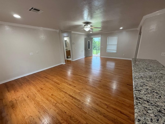 6300 S Hiwassee Rd, Oklahoma City, OK 73150 - empty room featuring crown molding, a ceiling fan, light wood-style floors, baseboards, and recessed lighting