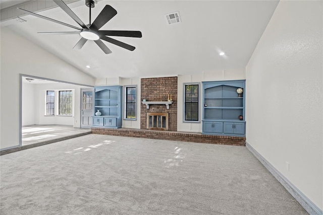 9800 Honeysuckle Rd, Oklahoma City, OK 73159 - unfurnished living room featuring carpet, visible vents, a ceiling fan, and a brick fireplace