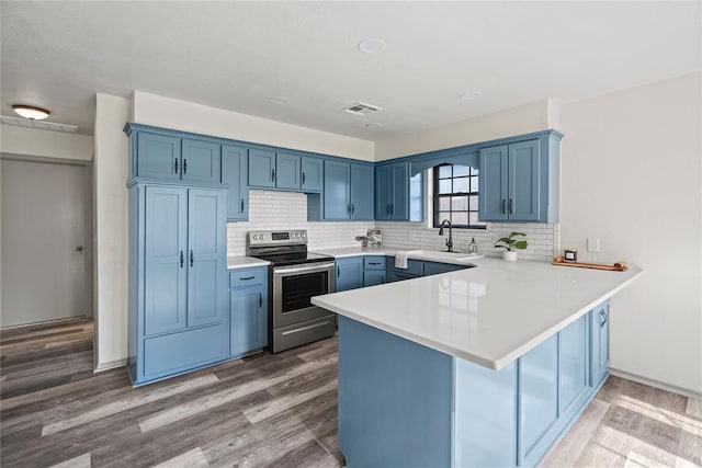 9800 Honeysuckle Rd, Oklahoma City, OK 73159 - kitchen with light countertops, visible vents, blue cabinets, and electric range