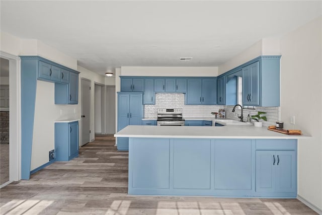 9800 Honeysuckle Rd, Oklahoma City, OK 73159 - kitchen with a sink, blue cabinets, a peninsula, and stainless steel electric range