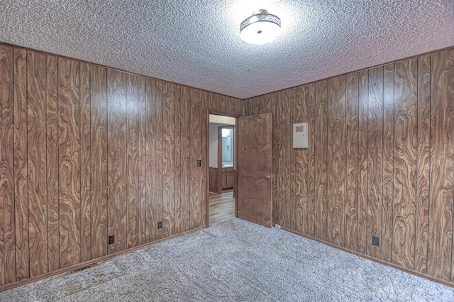 carpeted spare room with a textured ceiling and wood walls