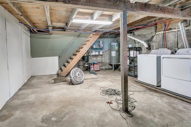 2107 NW 20th St, Oklahoma City, OK 73107 - unfinished basement featuring separate washer and dryer, water heater, and stairs
