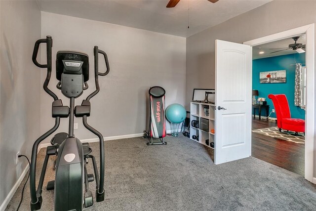 2107 NW 20th St, Oklahoma City, OK 73107 - workout room featuring ceiling fan, carpet, and baseboards