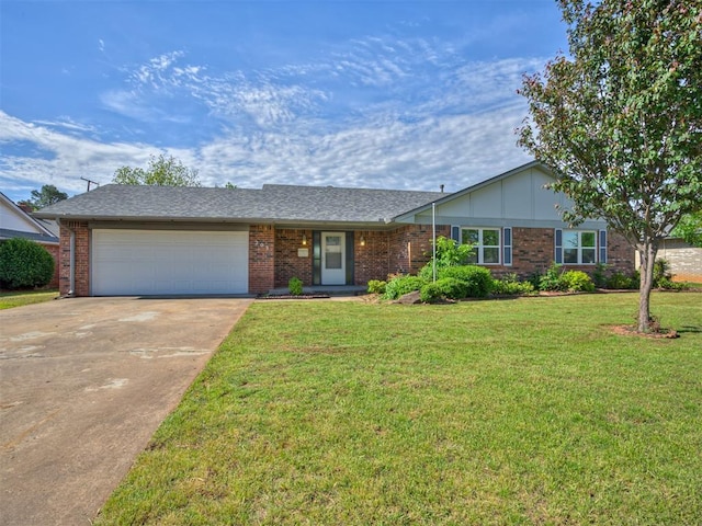 single story home featuring brick siding, driveway, an attached garage, and a front lawn