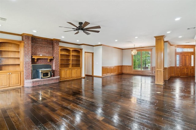 unfurnished living room featuring crown molding, wood-type flooring, a wainscoted wall, recessed lighting, and ceiling fan
