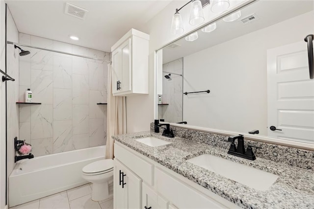 full bathroom with toilet, shower / bathtub combination, double vanity, and marble finish floors
