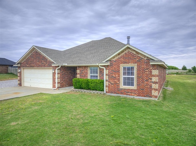 view of front of home with a garage, brick siding, concrete driveway, a shingled roof, and a front lawn