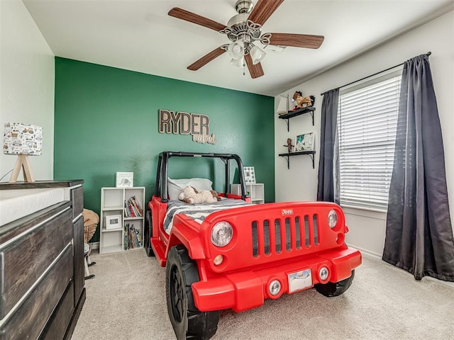 bedroom featuring carpet floors and ceiling fan