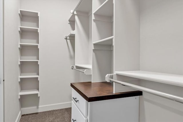 walk in closet with dark colored carpet