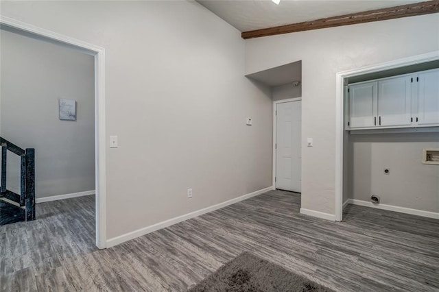 7301 Kings Manor Ct, Oklahoma City, OK 73132 - clothes washing area with cabinet space, hookup for an electric dryer, wood finished floors, baseboards, and hookup for a washing machine
