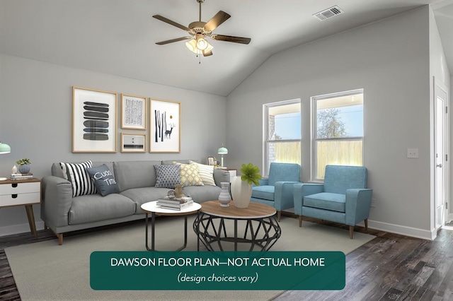 living room featuring vaulted ceiling, ceiling fan, wood finished floors, and baseboards