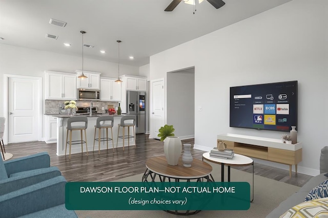 living room with ceiling fan, dark wood finished floors, baseboards, and recessed lighting