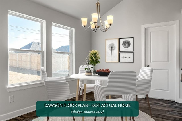 dining room featuring baseboards, wood finished floors, a chandelier, and vaulted ceiling