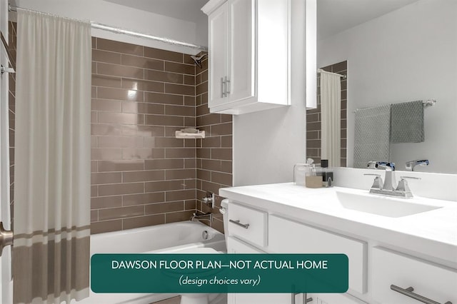 bathroom with shower / tub combo with curtain and vanity