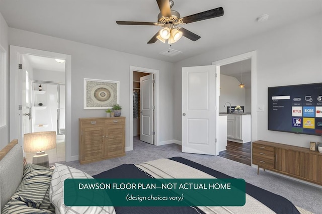 carpeted bedroom featuring baseboards and a ceiling fan