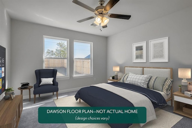 bedroom featuring carpet, baseboards, and ceiling fan