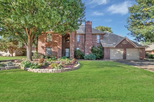 traditional home with a chimney, brick siding, and a front yard