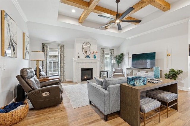16309 Rangeland Dr, Oklahoma City, OK 73170 - living room featuring coffered ceiling, healthy amount of natural light, a ceiling fan, a glass covered fireplace, and light wood-style flooring