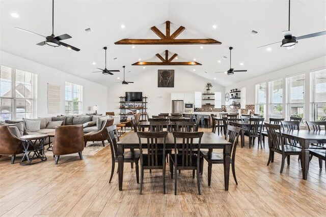 16309 Rangeland Dr, Oklahoma City, OK 73170 - dining room featuring ceiling fan, light wood-style floors, high vaulted ceiling, and recessed lighting
