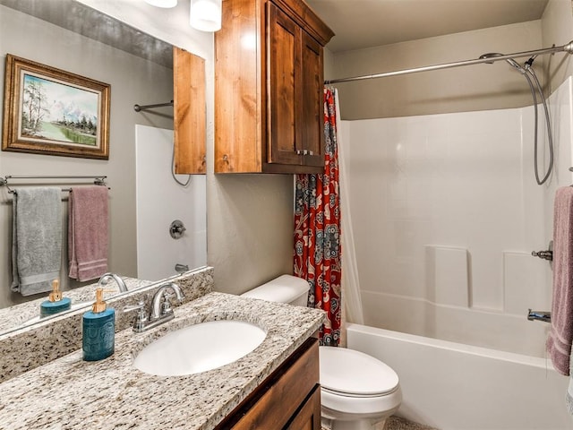 full bath featuring toilet, shower / bathtub combination with curtain, and vanity