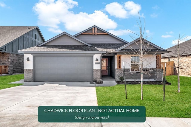 craftsman-style home with brick siding, an attached garage, concrete driveway, and a shingled roof