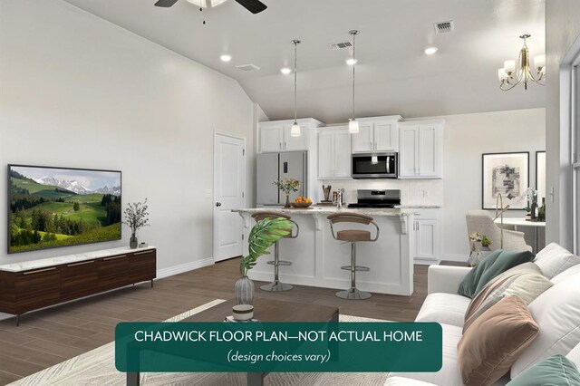 living room with dark wood-type flooring, vaulted ceiling, a ceiling fan, baseboards, and a chandelier