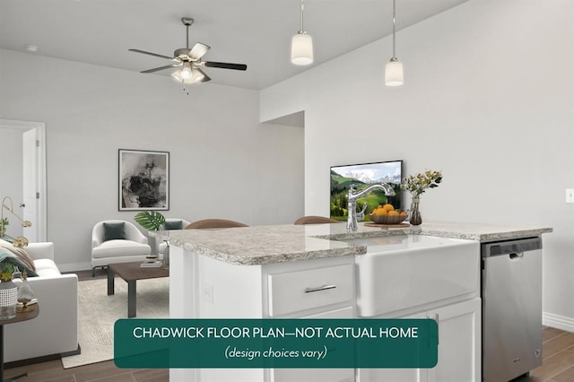 kitchen with stainless steel dishwasher, open floor plan, ceiling fan, baseboards, and dark wood-style floors