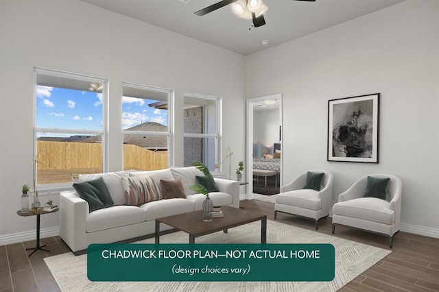 living area with wood finished floors, baseboards, and a ceiling fan