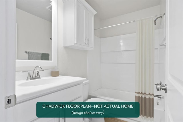 full bathroom with shower / bathtub combination with curtain, toilet, and vanity