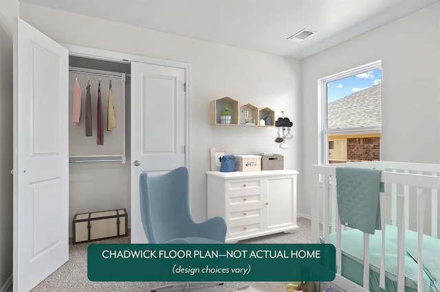 bedroom with carpet flooring, a crib, and baseboards