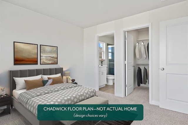 bedroom with light carpet, a spacious closet, a closet, and baseboards