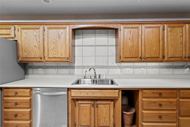 2001 Saber Ln, Weatherford, OK 73096 - kitchen with appliances with stainless steel finishes, a sink, light countertops, and decorative backsplash