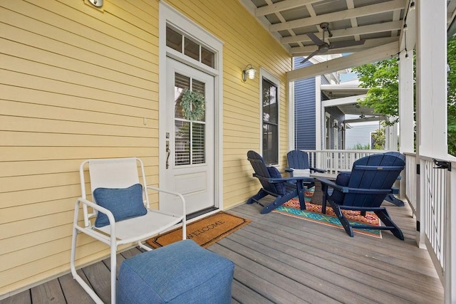 43 Center Ln, Carlton Landing, OK 74432 - wooden terrace with a ceiling fan