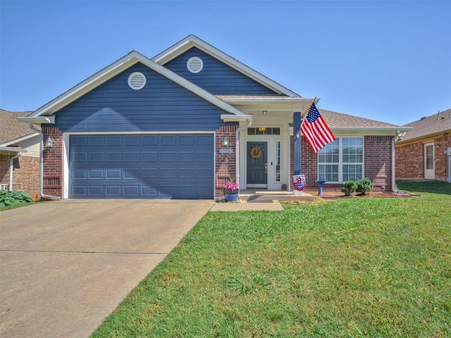 2105 SE 8th St, Moore, OK 73160 - view of front of property featuring brick siding, driveway, an attached garage, and a front yard