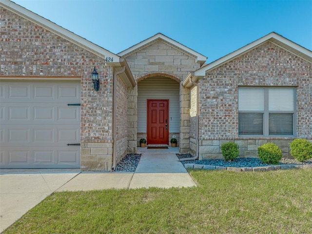 424 SE 5th Ter, Newcastle, OK 73065 - view of front of house with stone siding, a garage, a front lawn, and concrete driveway