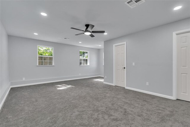 unfurnished room with a ceiling fan, recessed lighting, baseboards, and carpet