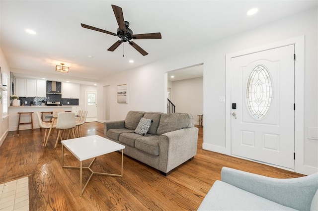 2237 NW 30th St, Oklahoma City, OK 73112 - living room featuring wood finished floors, ceiling fan, recessed lighting, and baseboards