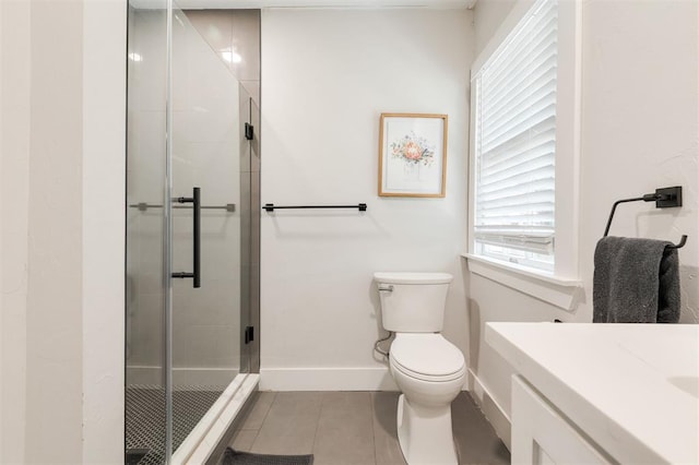 2237 NW 30th St, Oklahoma City, OK 73112 - bathroom with tile patterned flooring, baseboards, a shower stall, toilet, and vanity