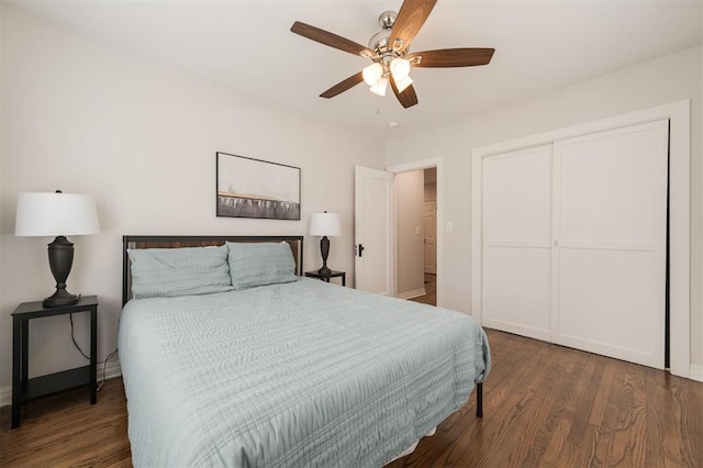 2237 NW 30th St, Oklahoma City, OK 73112 - bedroom with wood finished floors, a closet, a ceiling fan, and baseboards