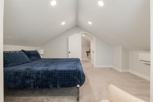 2237 NW 30th St, Oklahoma City, OK 73112 - bedroom with carpet flooring, a wall unit AC, baseboards, vaulted ceiling, and recessed lighting