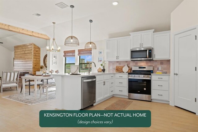 24119 Western Ave, Washington, OK 73093 - kitchen featuring stainless steel appliances, backsplash, white cabinets, a peninsula, and light wood finished floors