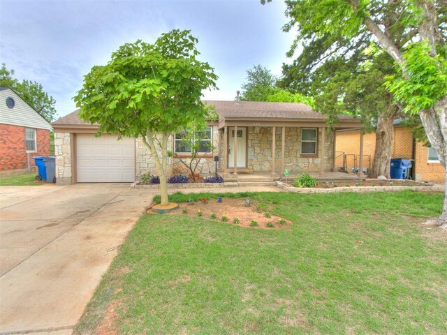 1829 Westchester Dr, Oklahoma City, OK 73120 - ranch-style home with stone siding, a porch, concrete driveway, and a garage