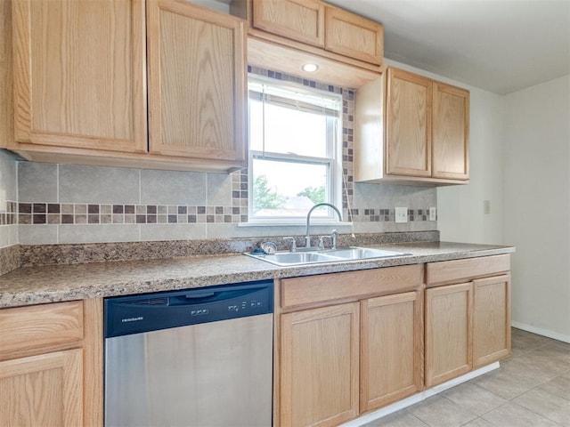 1829 Westchester Dr, Oklahoma City, OK 73120 - kitchen featuring dishwasher, light brown cabinetry, a sink, backsplash, and light tile patterned flooring